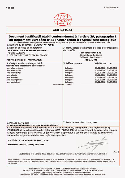 Certificato Ecocert per la nostra linea di prodotti bio (Francia).