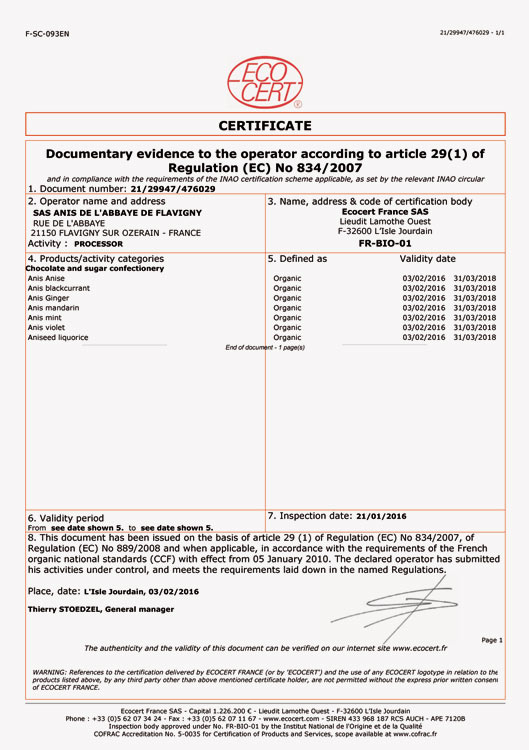 Certificato Ecocert per la nostra linea di prodotti bio (esportazione).